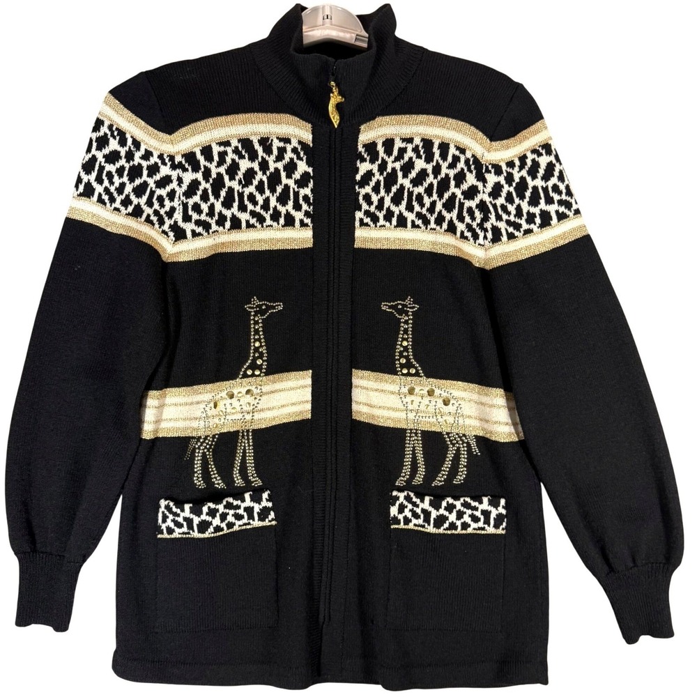 VTG Toula Giraffe Animal Embellished Knit Cardigan Sweater Womens 14